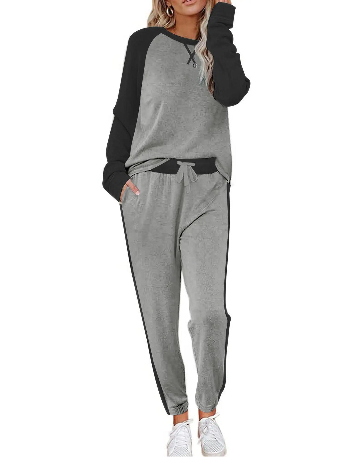 Grey Two-Piece Loungewear Set with Black Sleeves