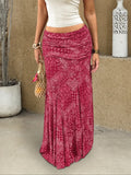 Red Paisley Print Ruched Maxi Skirt