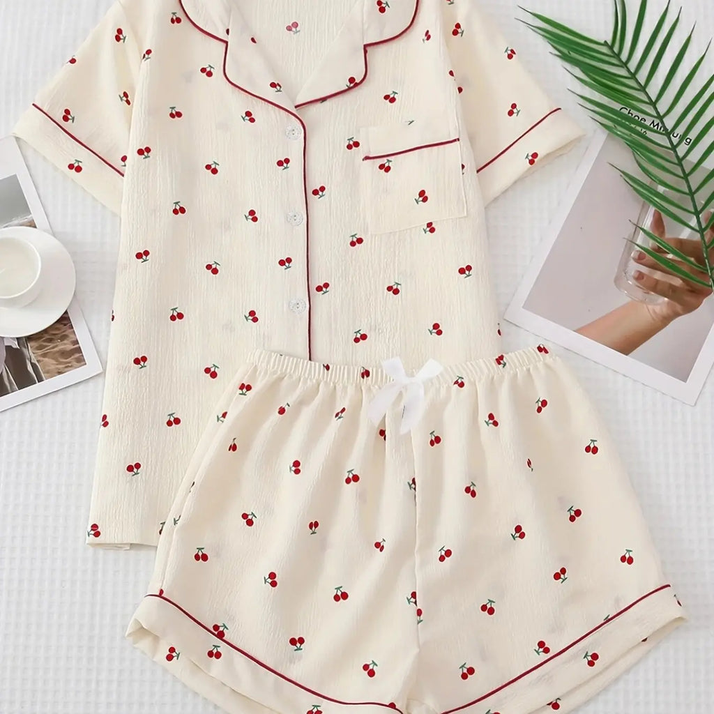 Black Heart Print Short Sleeve Pajama Set