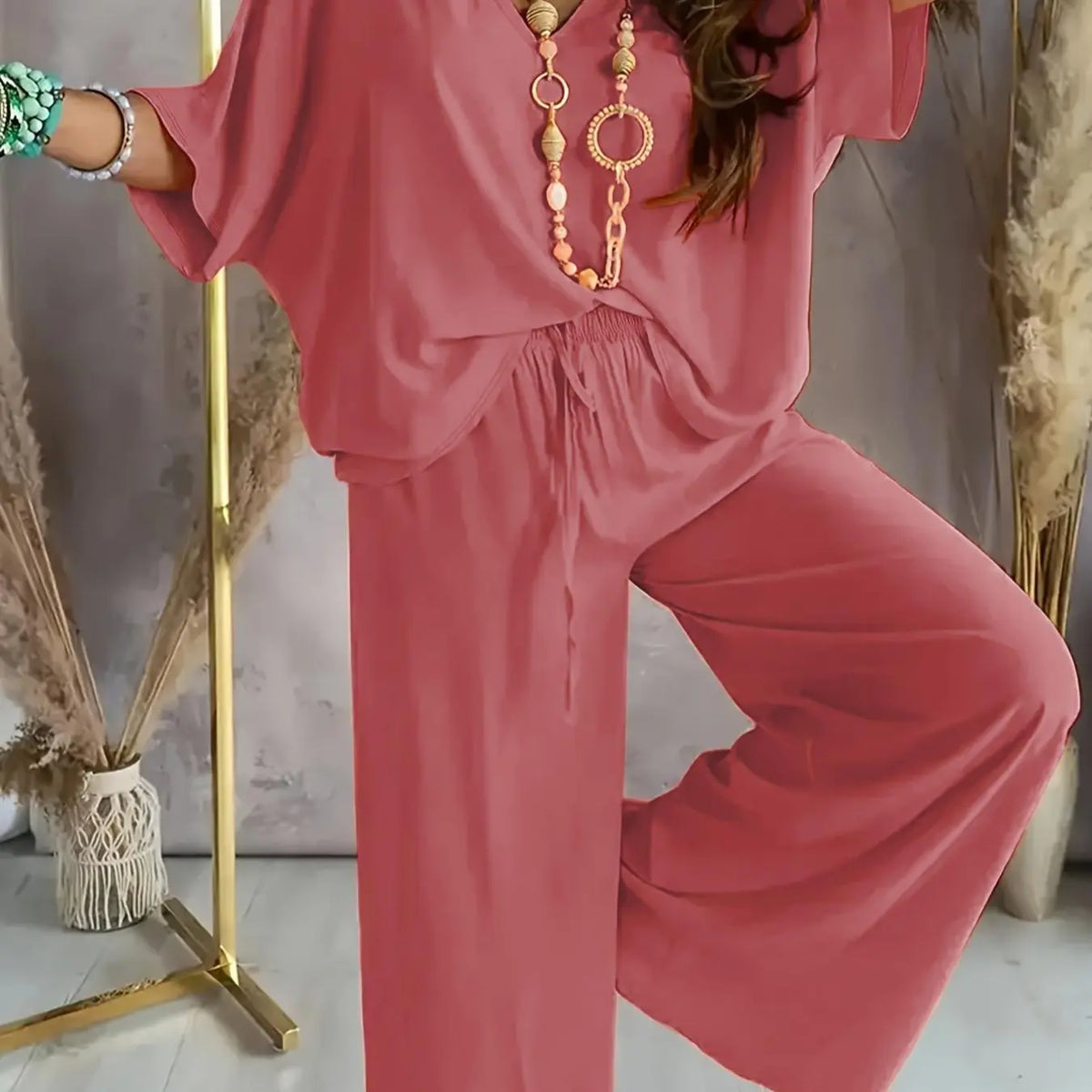 Black V-Neck Top and Wide Leg Pants Set