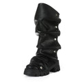 Black Ruched Mid-Calf Boots with Snap Studs
