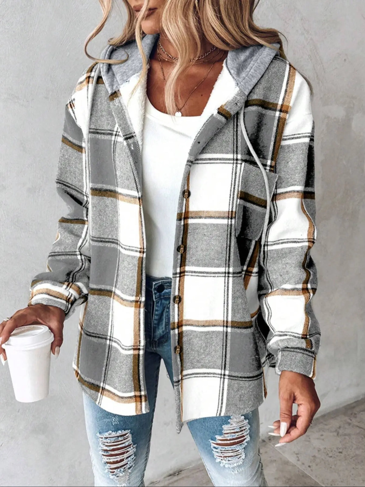 Grey and White Plaid Hooded Shirt Jacket