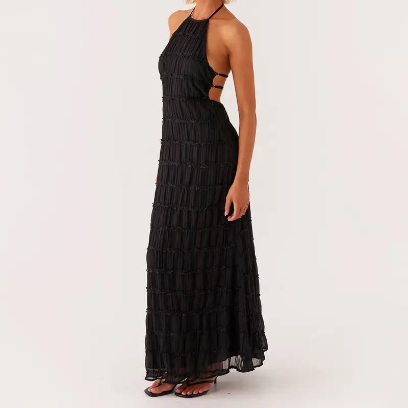 Cream Ruched Halter Maxi Dress, Backless Style