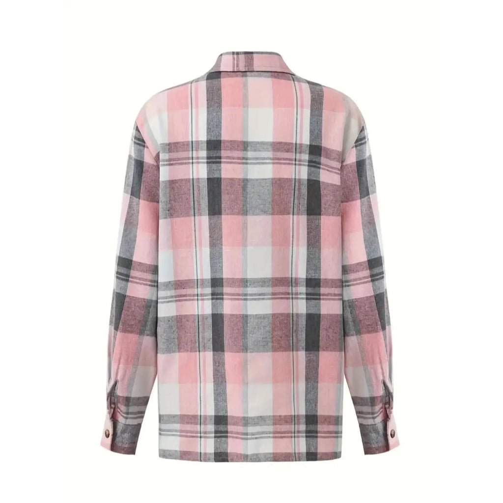 Pink and Grey Plaid Button-Front Shirt Jacket