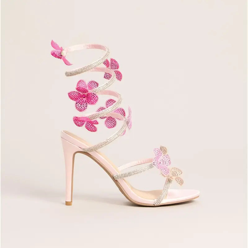 Pink Rhinestone Butterfly Wrap Stiletto Sandals
