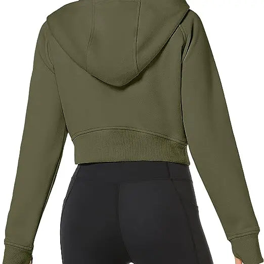 Olive Green Cropped Zip-Up Hoodie With Thumbholes