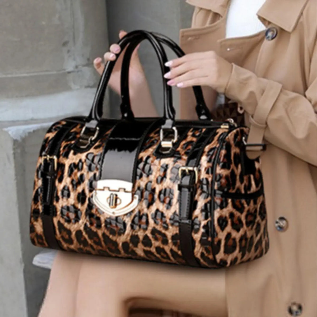 Leopard Print Glossy Satchel with Top Handles