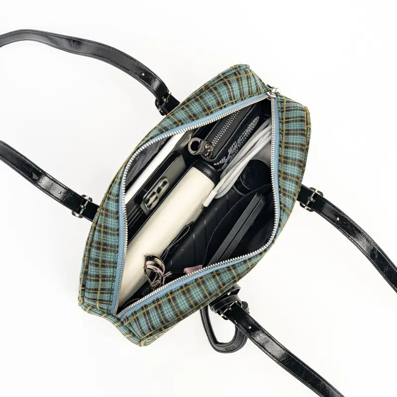 Red Plaid Bowler Shoulder Bag with Heart Charm
