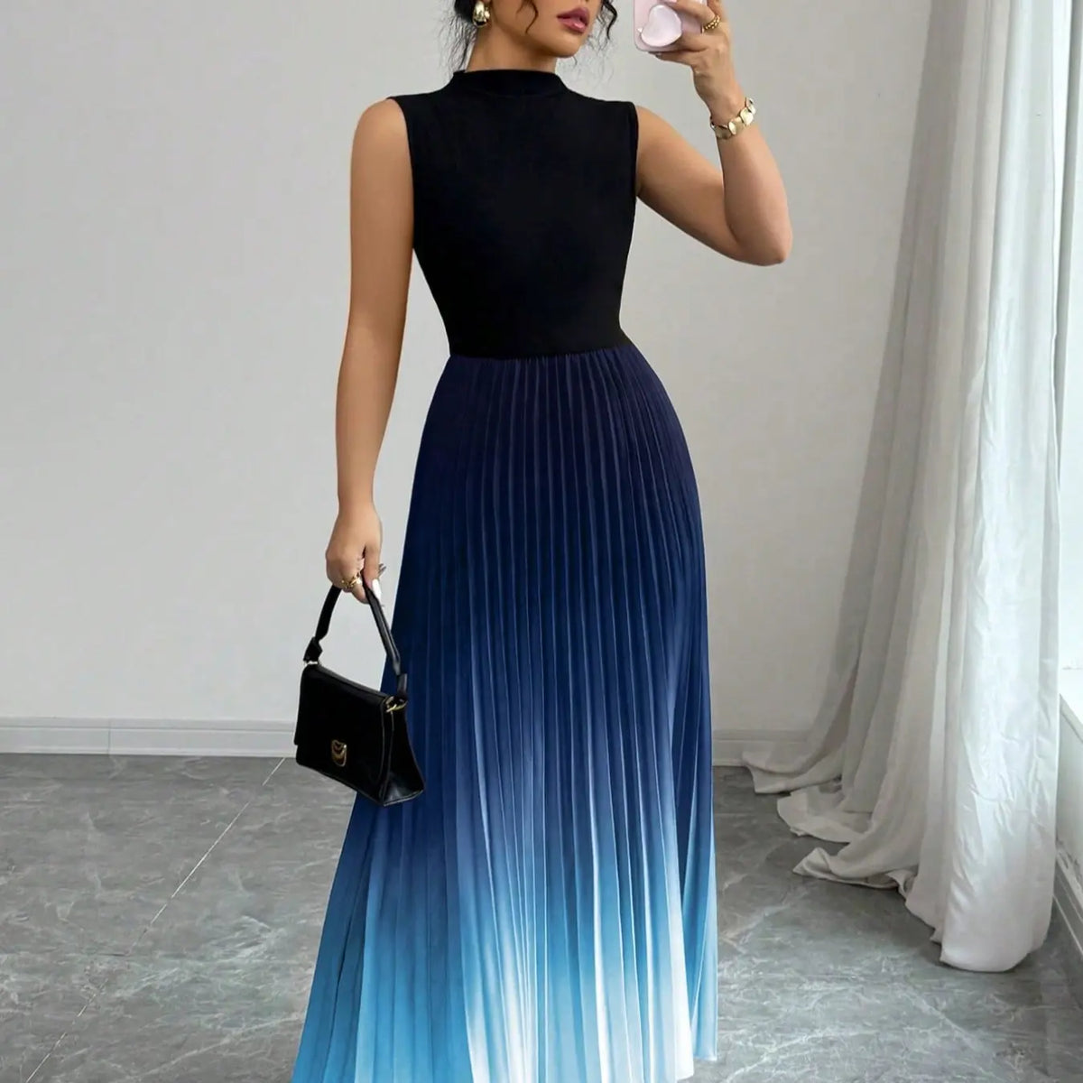 Sleeveless Pleated Maxi Dress in Black and Pink Ombre