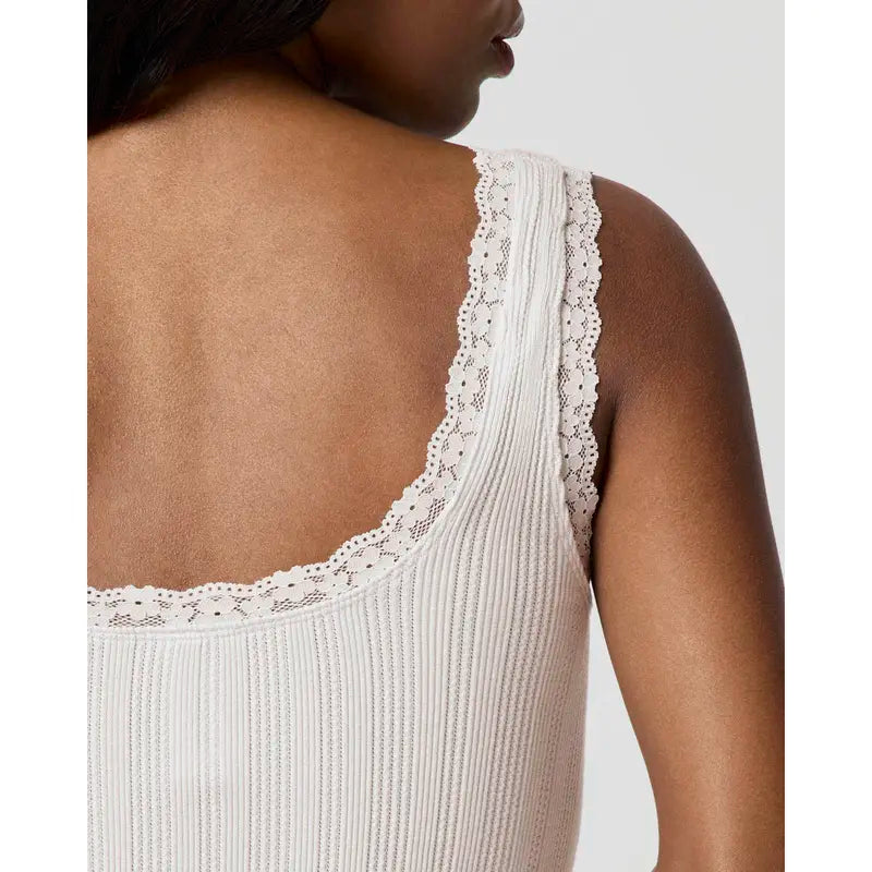 Cream Ribbed Lace Trim Tank and Shorts Set