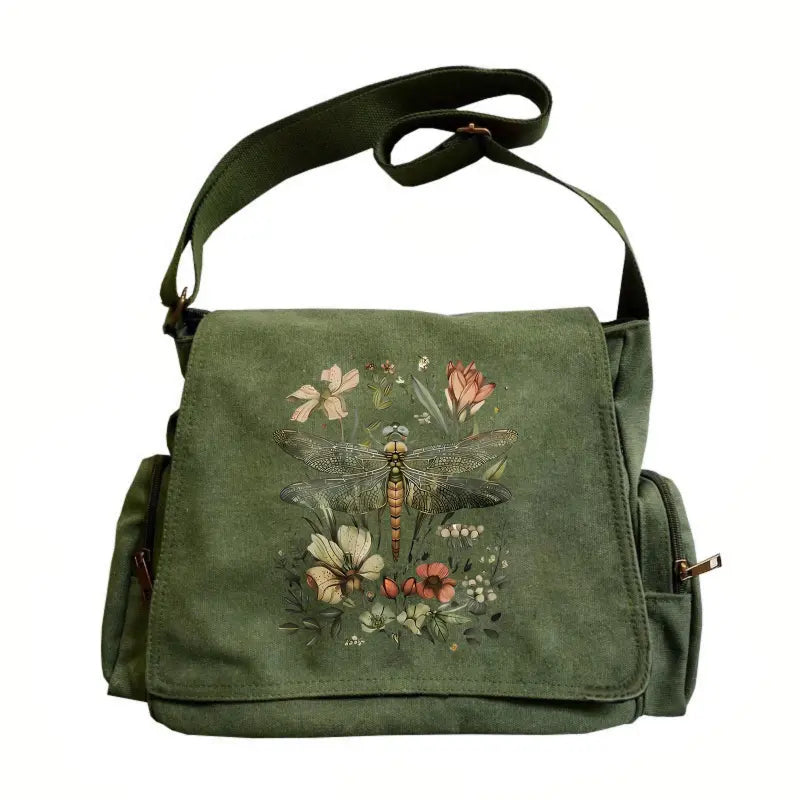 Olive Green Canvas Messenger Bag with Flap