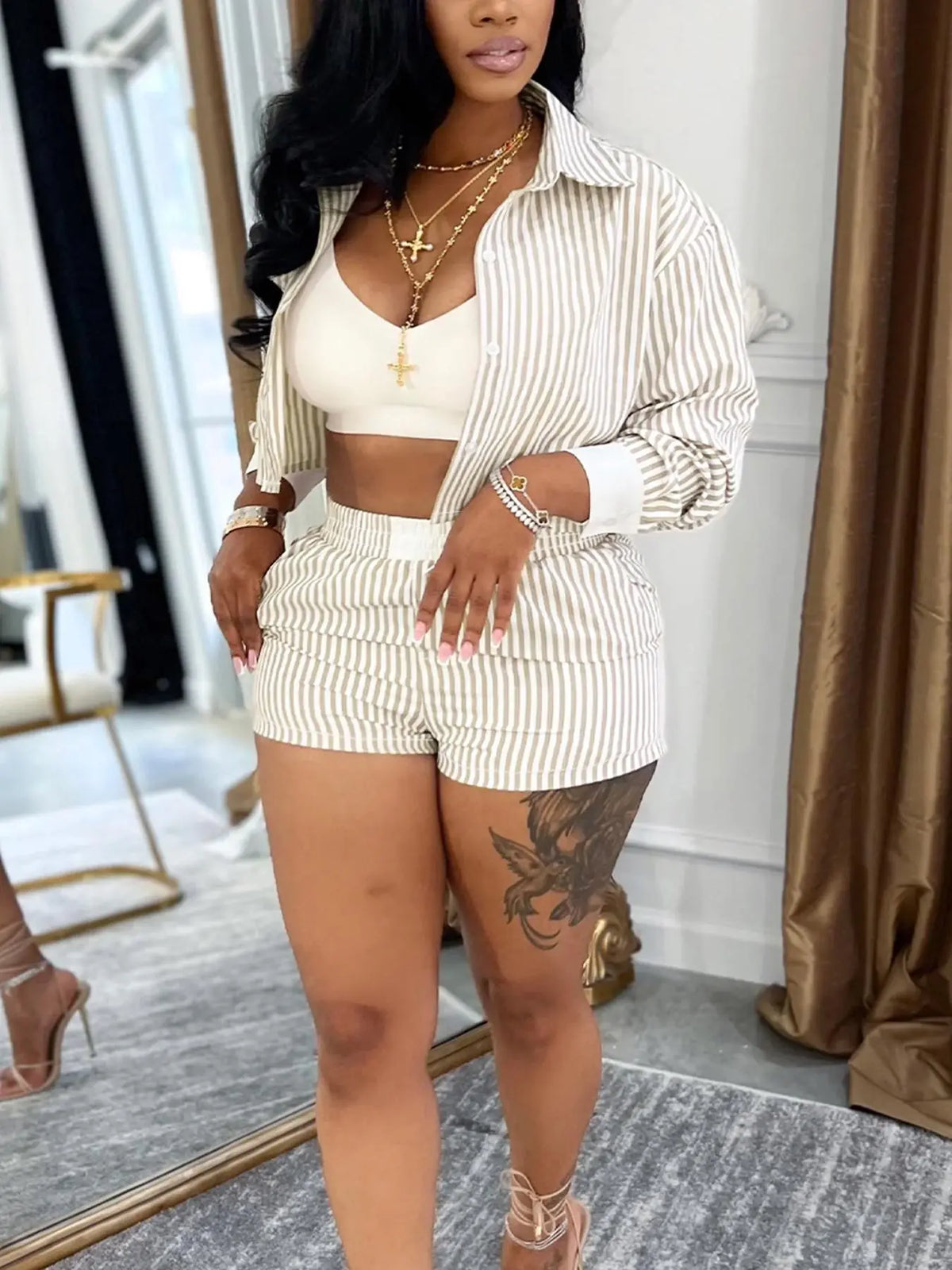 Striped Collared Shirt and Shorts Two-Piece Set
