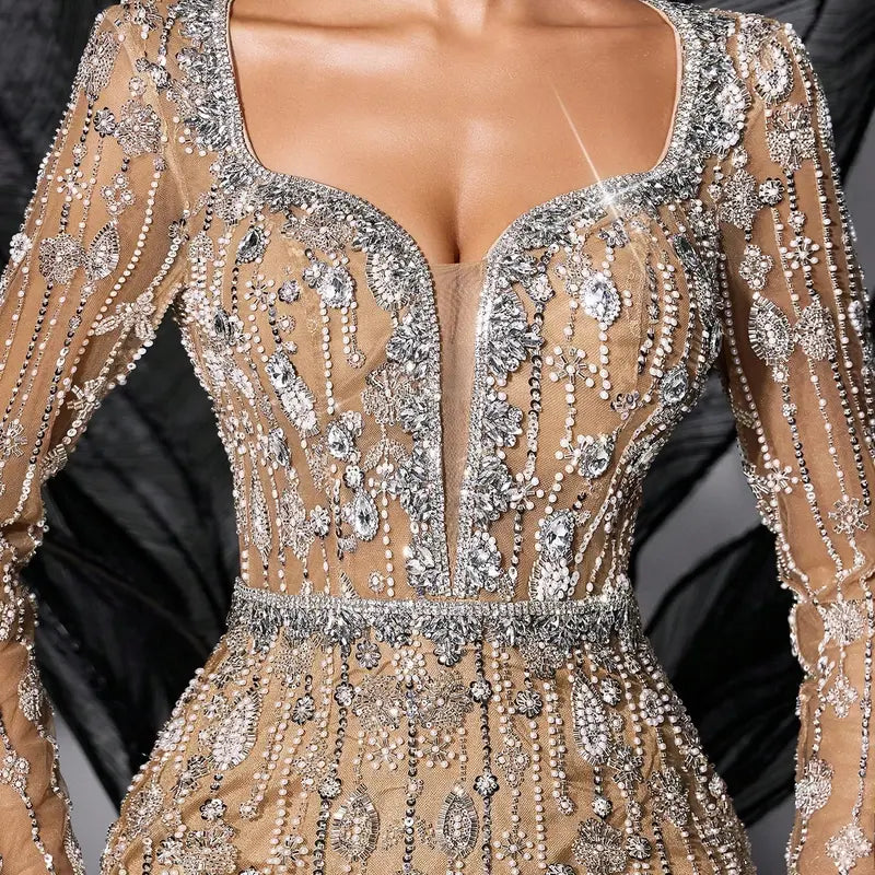 Champagne Beaded Long Sleeve Mermaid Gown