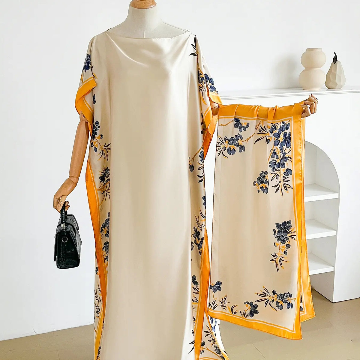 Purple Printed Loose Kaftan Dress with Long Scarf