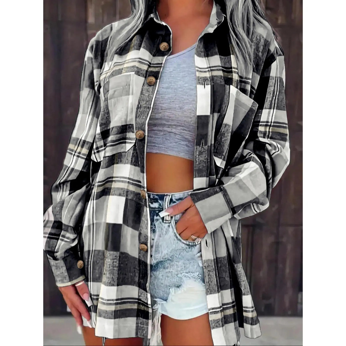 Pink and Grey Plaid Button-Front Shirt Jacket