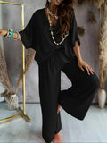 Black V-Neck Top and Wide Leg Pants Set