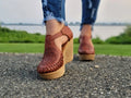 Tan Woven Leather Platform Wedge Sandals