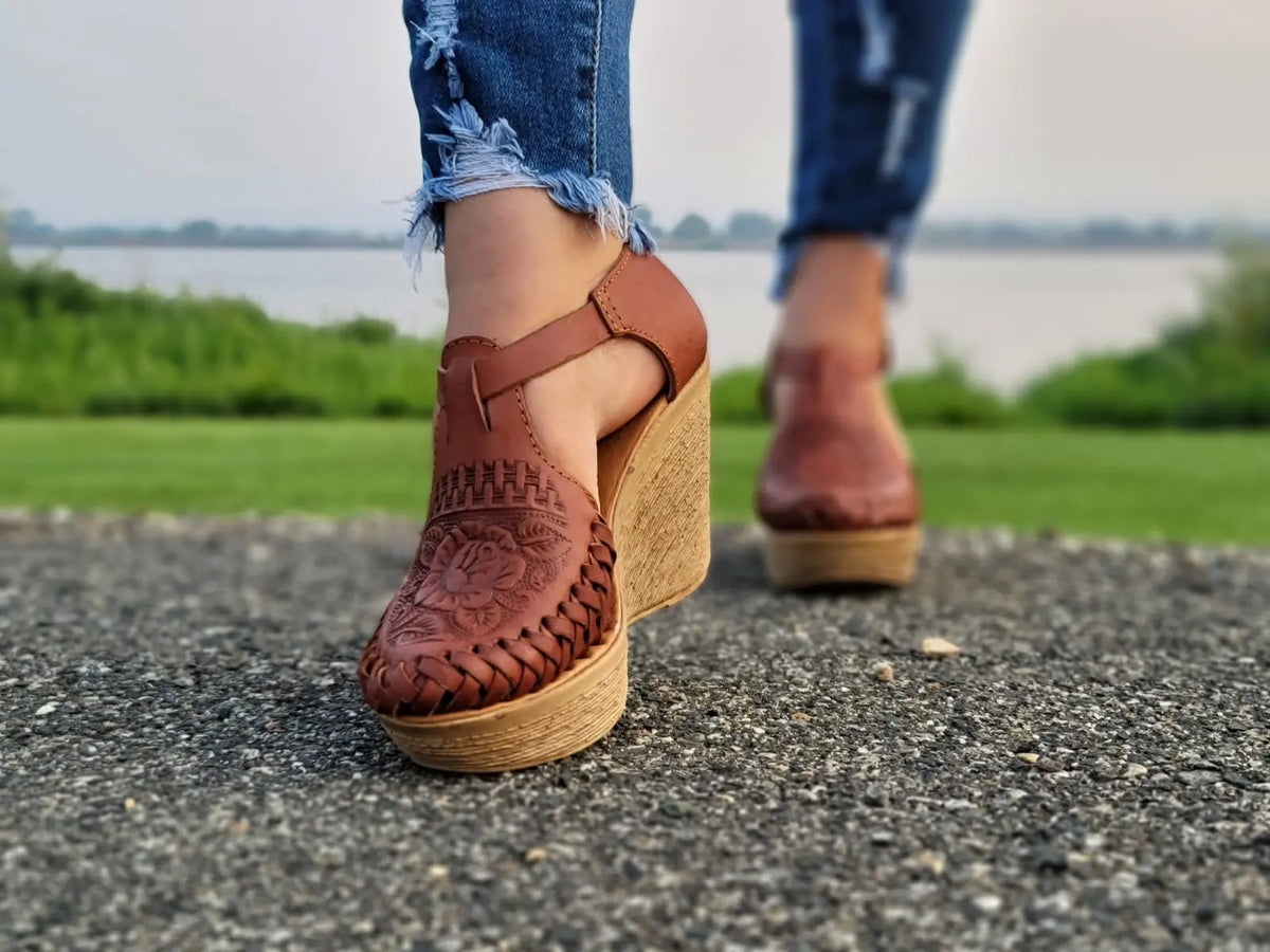 Tan Woven Leather Platform Wedge Sandals