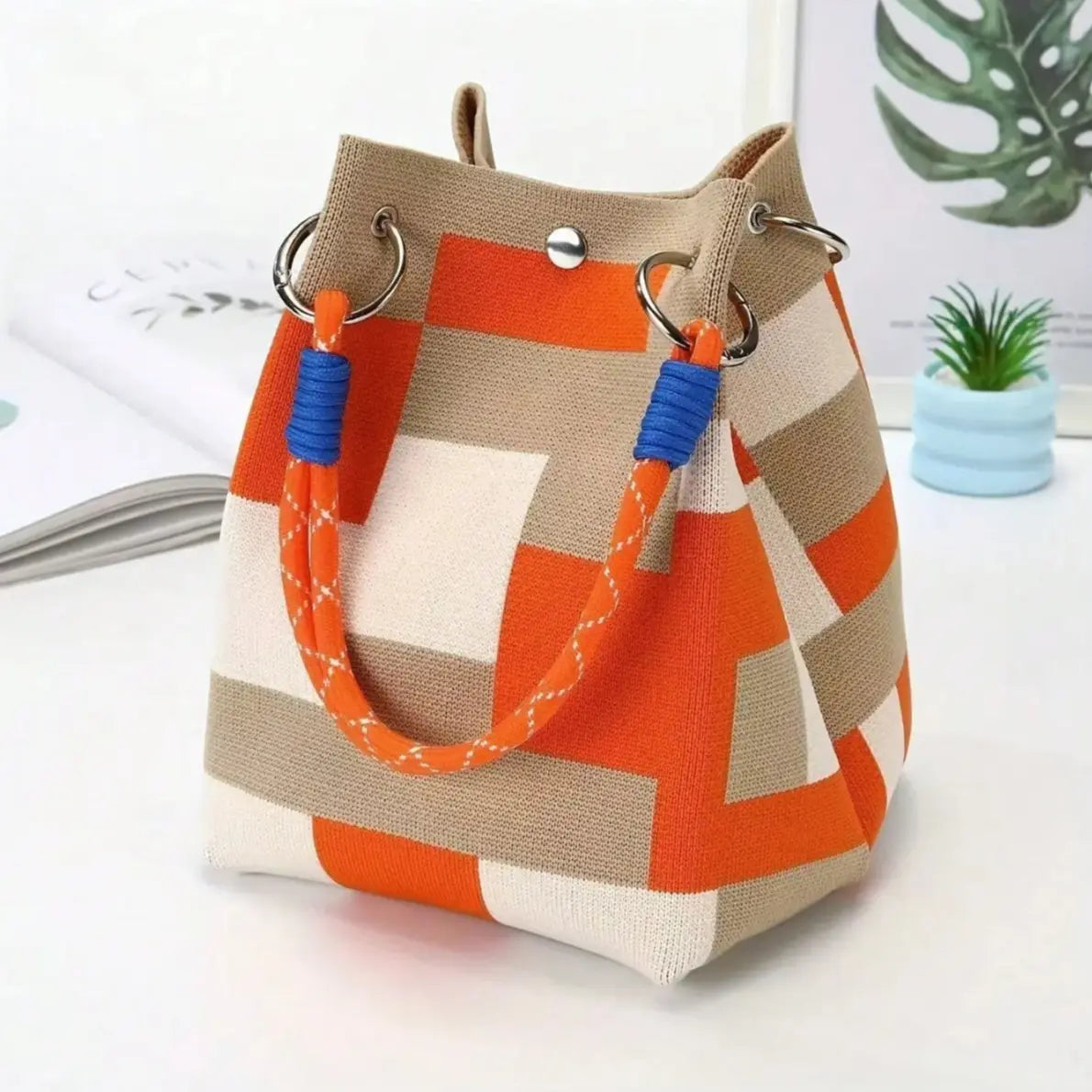 Orange and Beige Colour Block Knit Bucket Bag