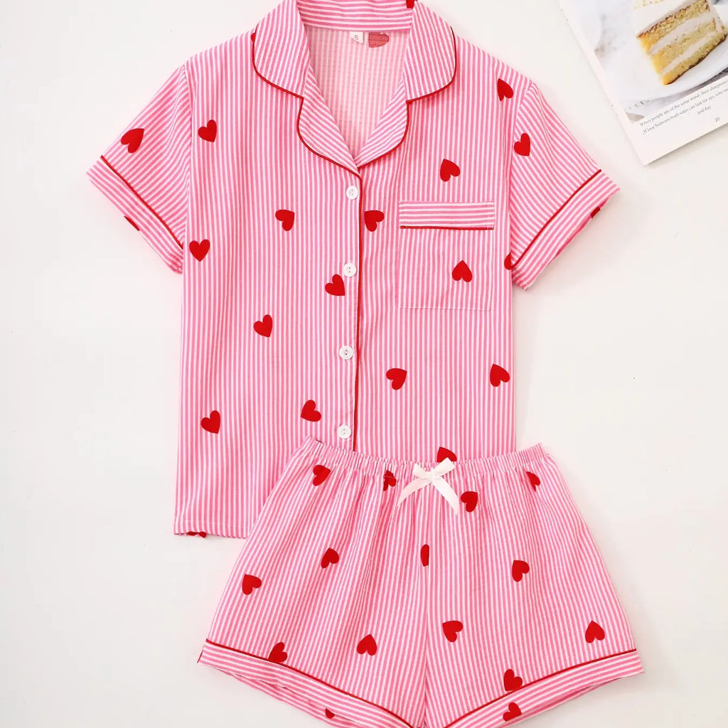 Black Heart Print Short Sleeve Pajama Set