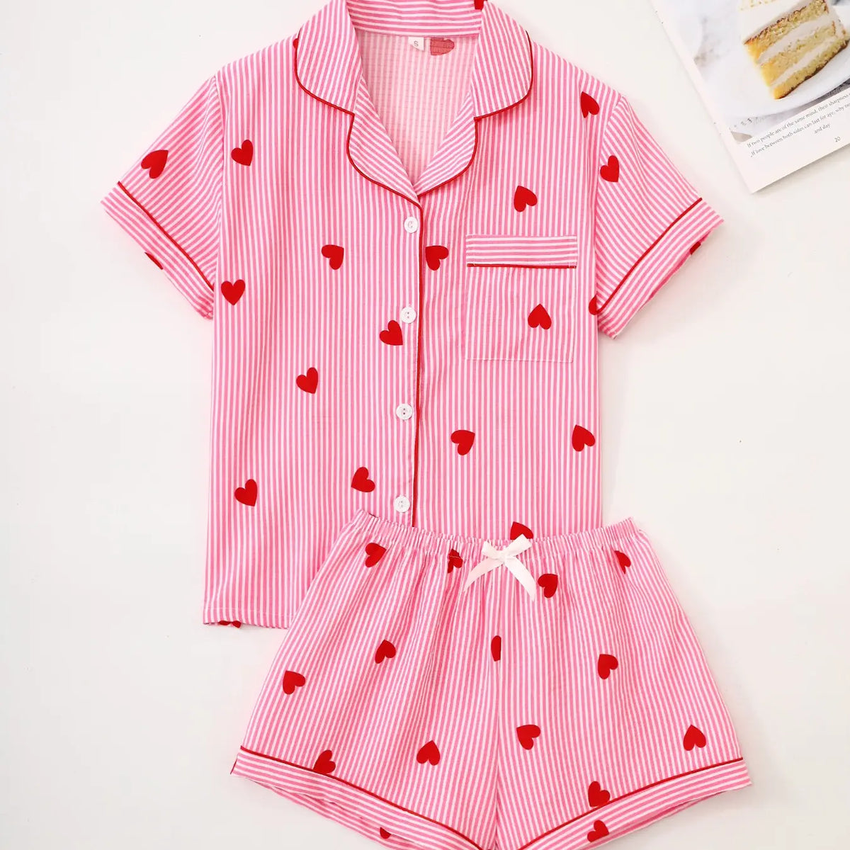 Black Heart Print Short Sleeve Pajama Set