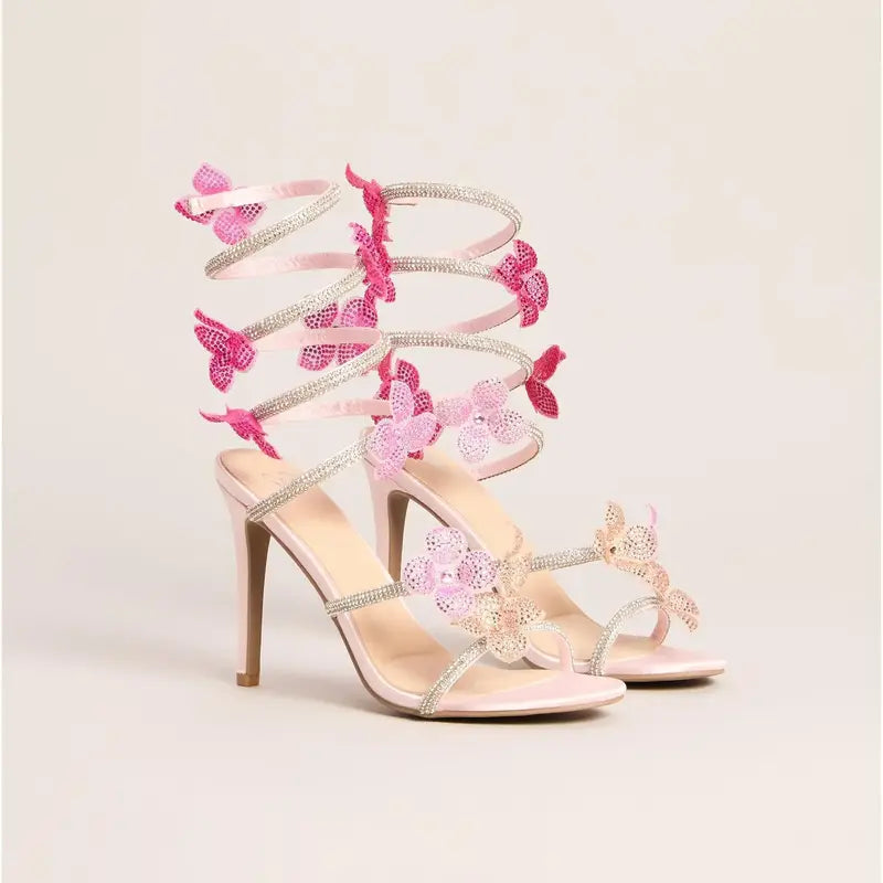 Pink Rhinestone Butterfly Wrap Stiletto Sandals