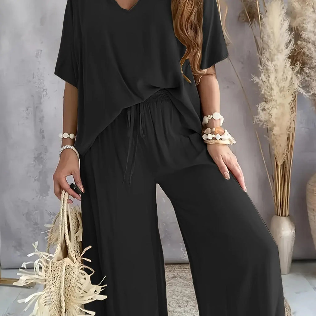 Black V-Neck Top and Wide Leg Pants Set