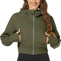 Olive Green Cropped Zip-Up Hoodie With Thumbholes