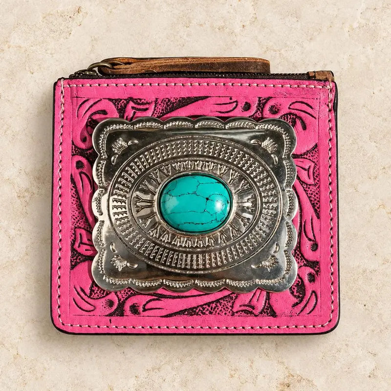 Tooled Leather Zip Wallet with Turquoise Concho