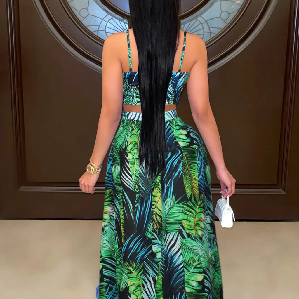 Green Palm Leaf Print Crop Top and Slit Skirt Set