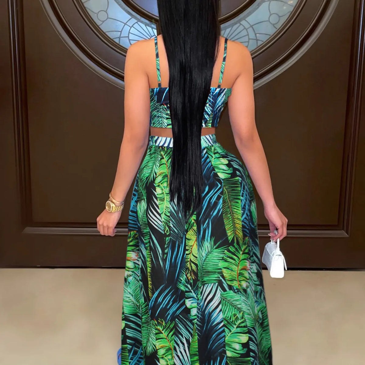 Green Palm Leaf Print Crop Top and Slit Skirt Set