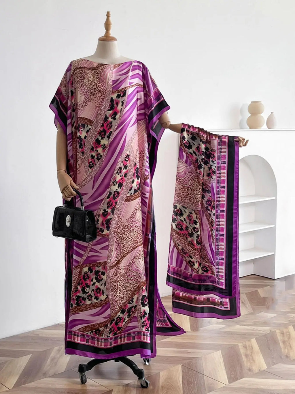 Purple Printed Loose Kaftan Dress with Long Scarf