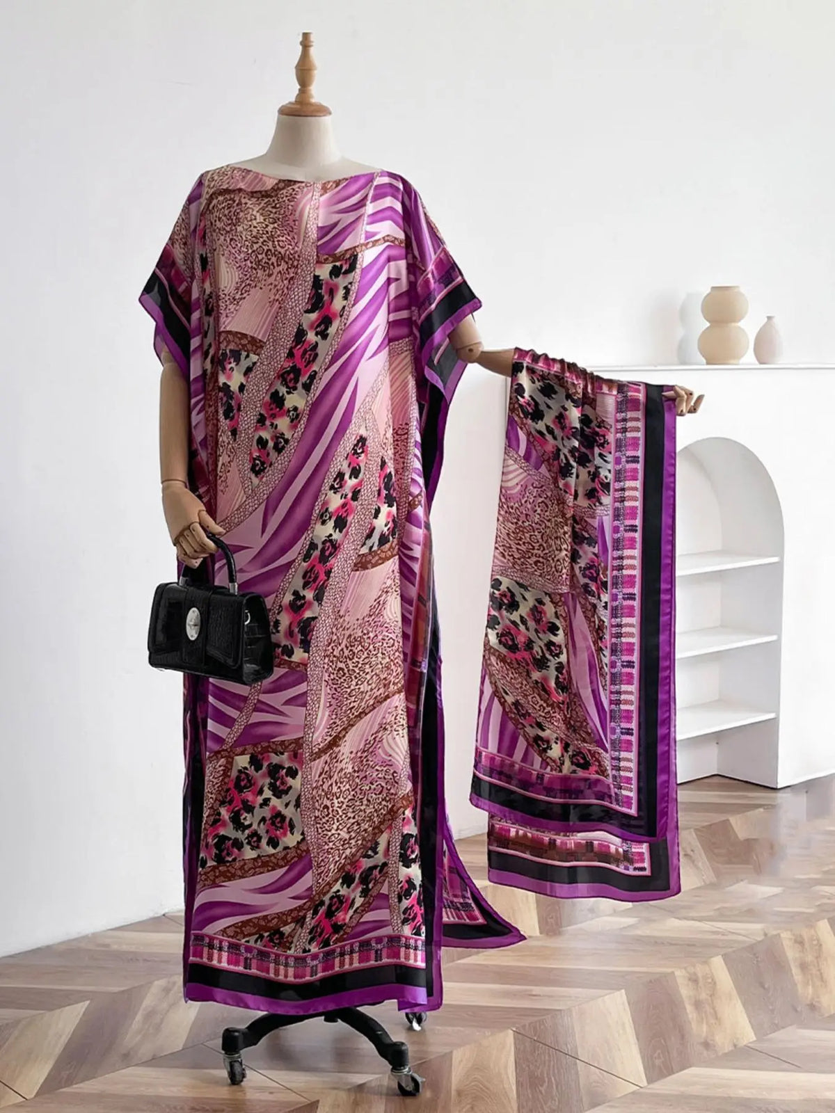Purple Printed Loose Kaftan Dress with Long Scarf