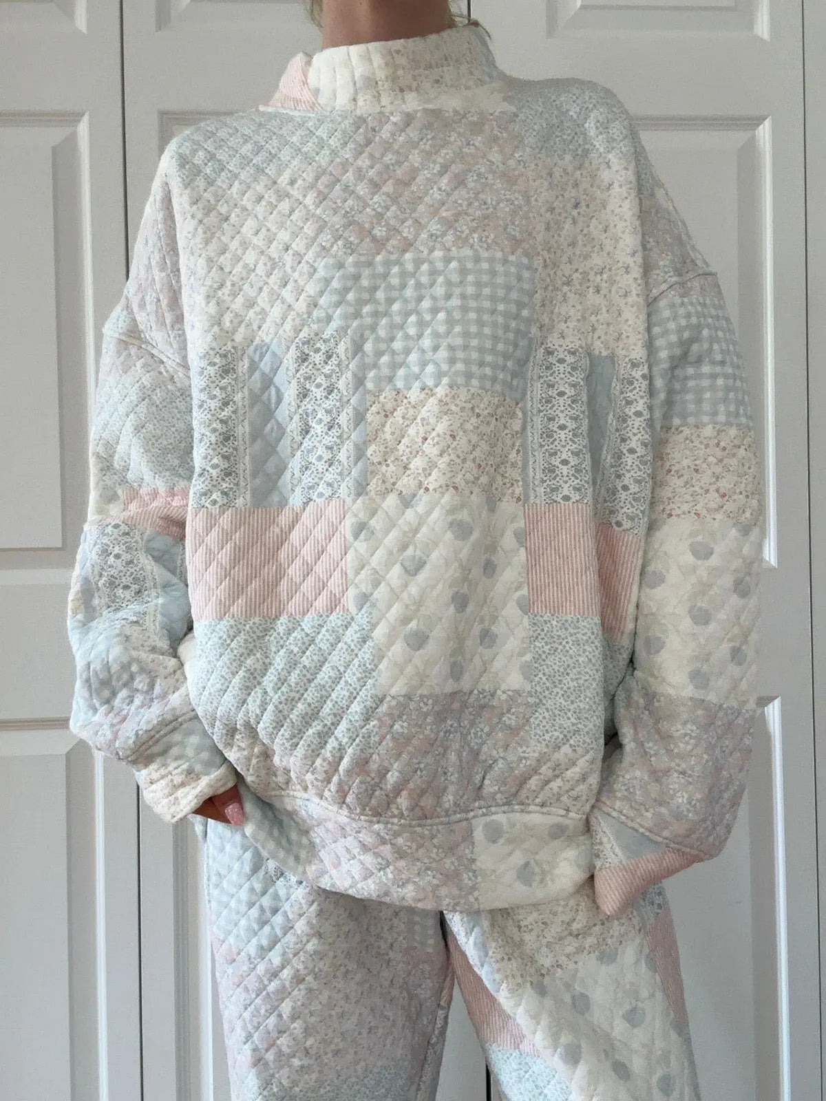 Pastel Quilted Patchwork Mock Neck Pullover