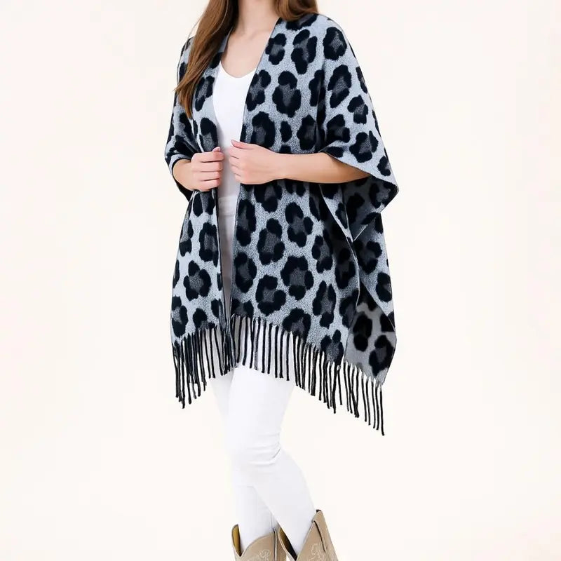 Leopard Print Open-Front Shawl with Fringe