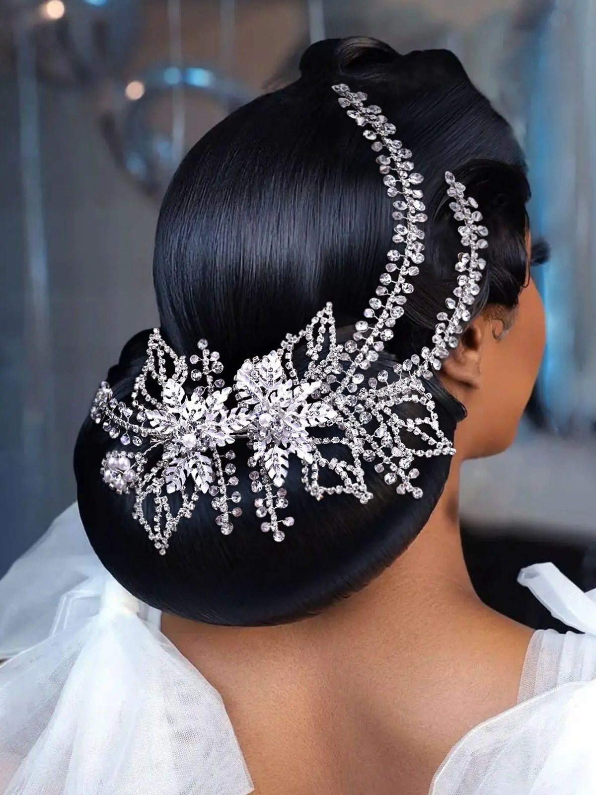 Silver Rhinestone Leaf Hair Piece for Updos