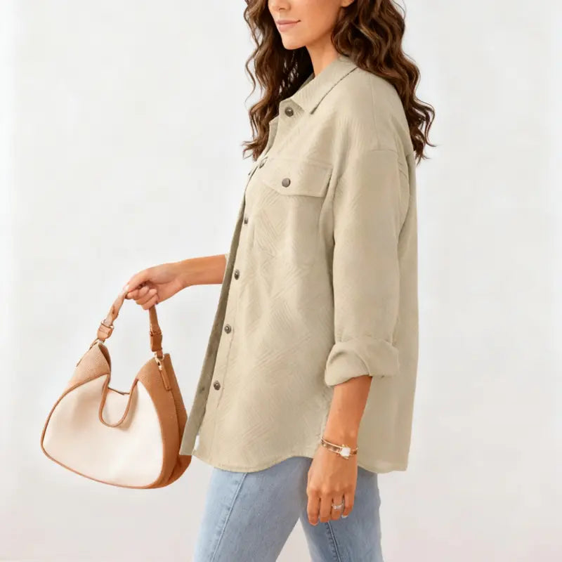 Brown Textured Button-Front Shirt Jacket with Chest Pockets
