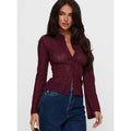 Burgundy Sheer Knit Button-Up Top with Flared Sleeves