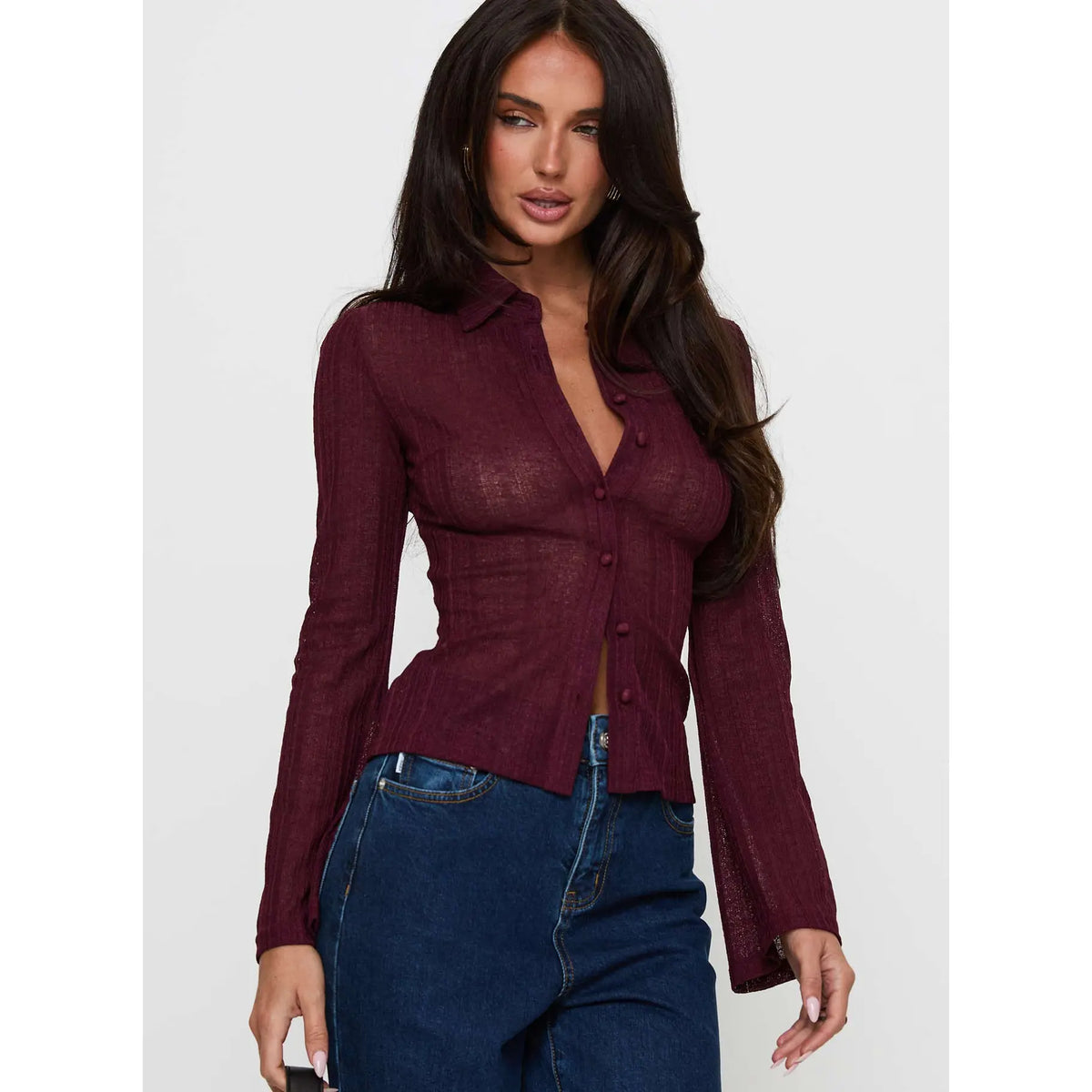 Burgundy Sheer Knit Button-Up Top with Flared Sleeves