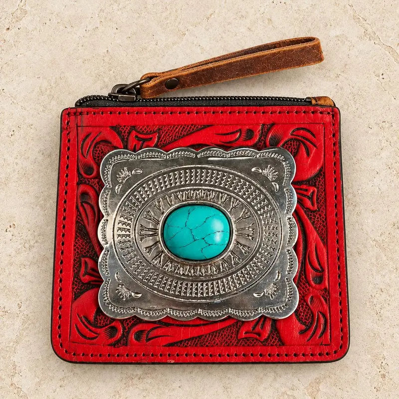 Tooled Leather Zip Wallet with Turquoise Concho