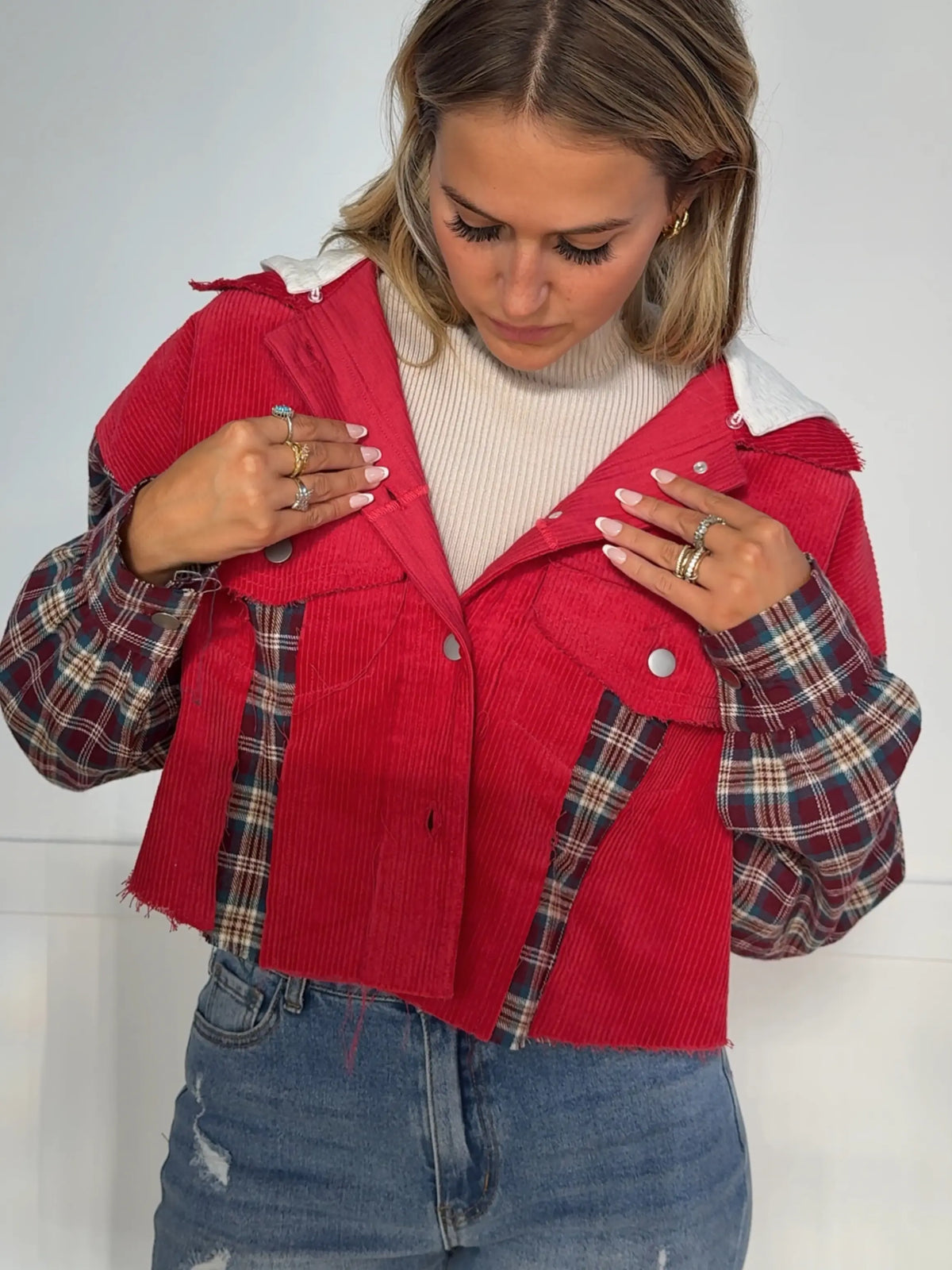 Red Corduroy Cropped Jacket with Plaid Sleeves