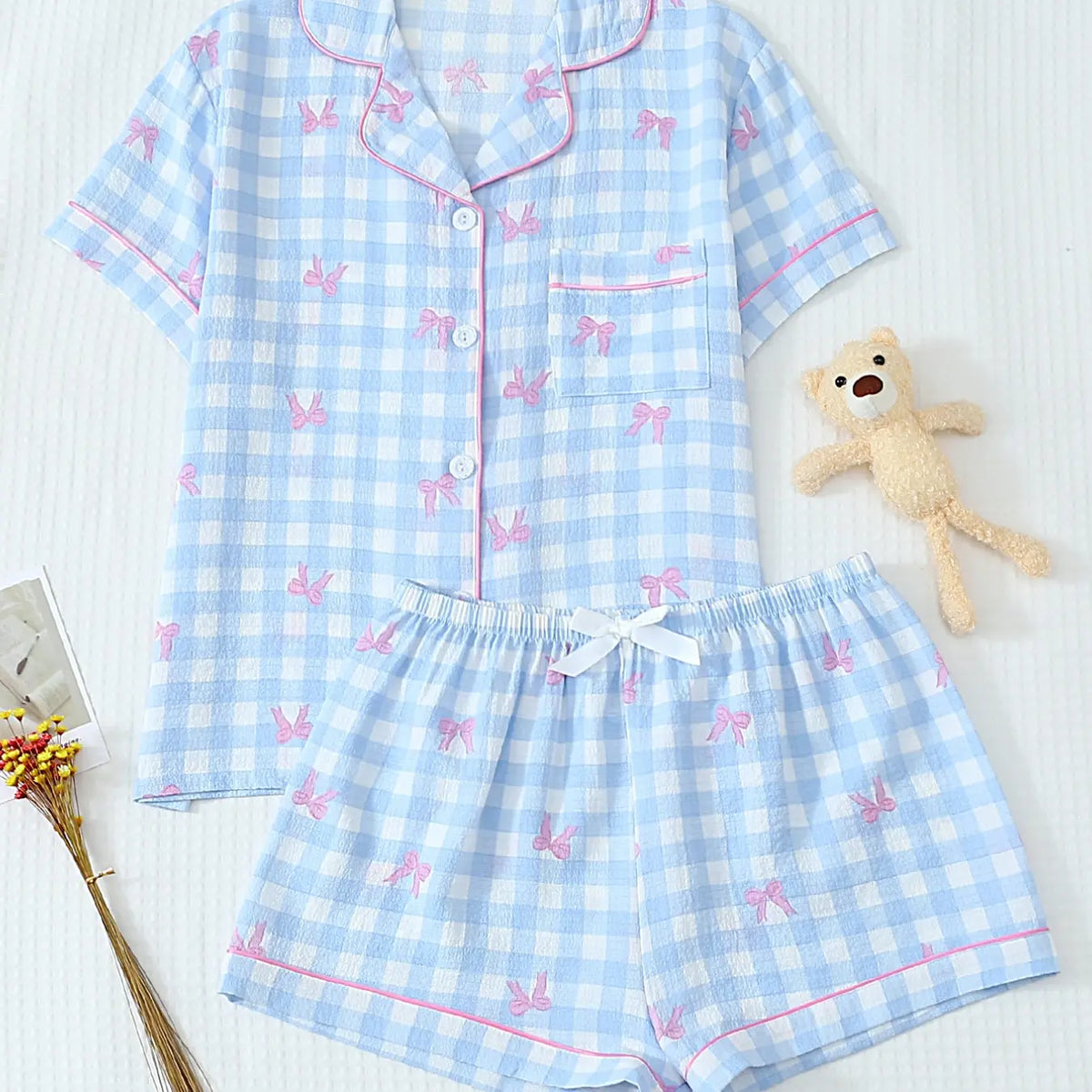 Black Heart Print Short Sleeve Pajama Set