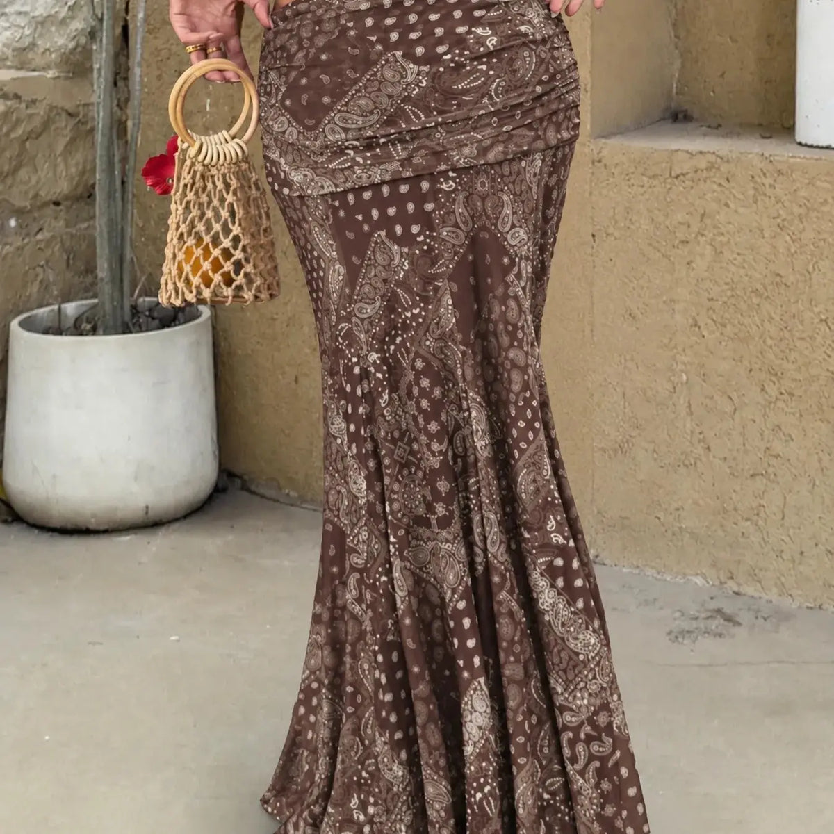 Red Paisley Print Ruched Maxi Skirt