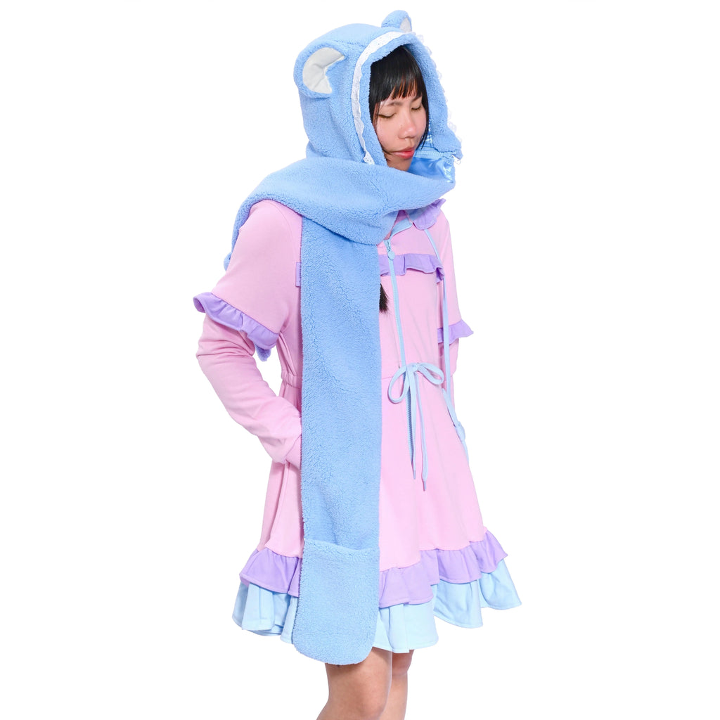 Blue Fleece Hooded Scarf with Bear Ears