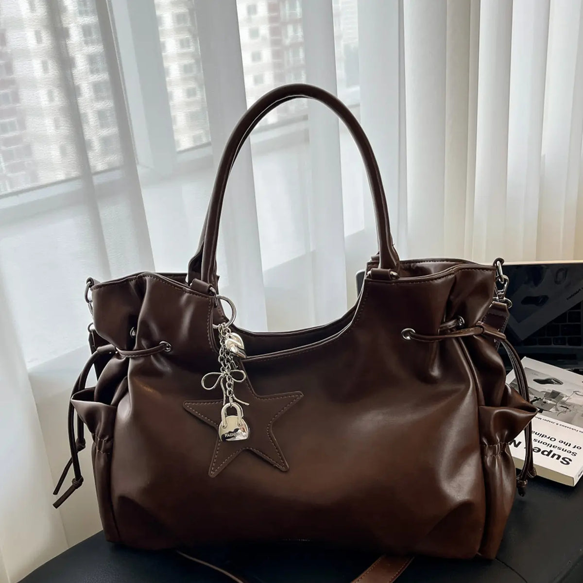 Burgundy Slouchy Tote with Star Charm