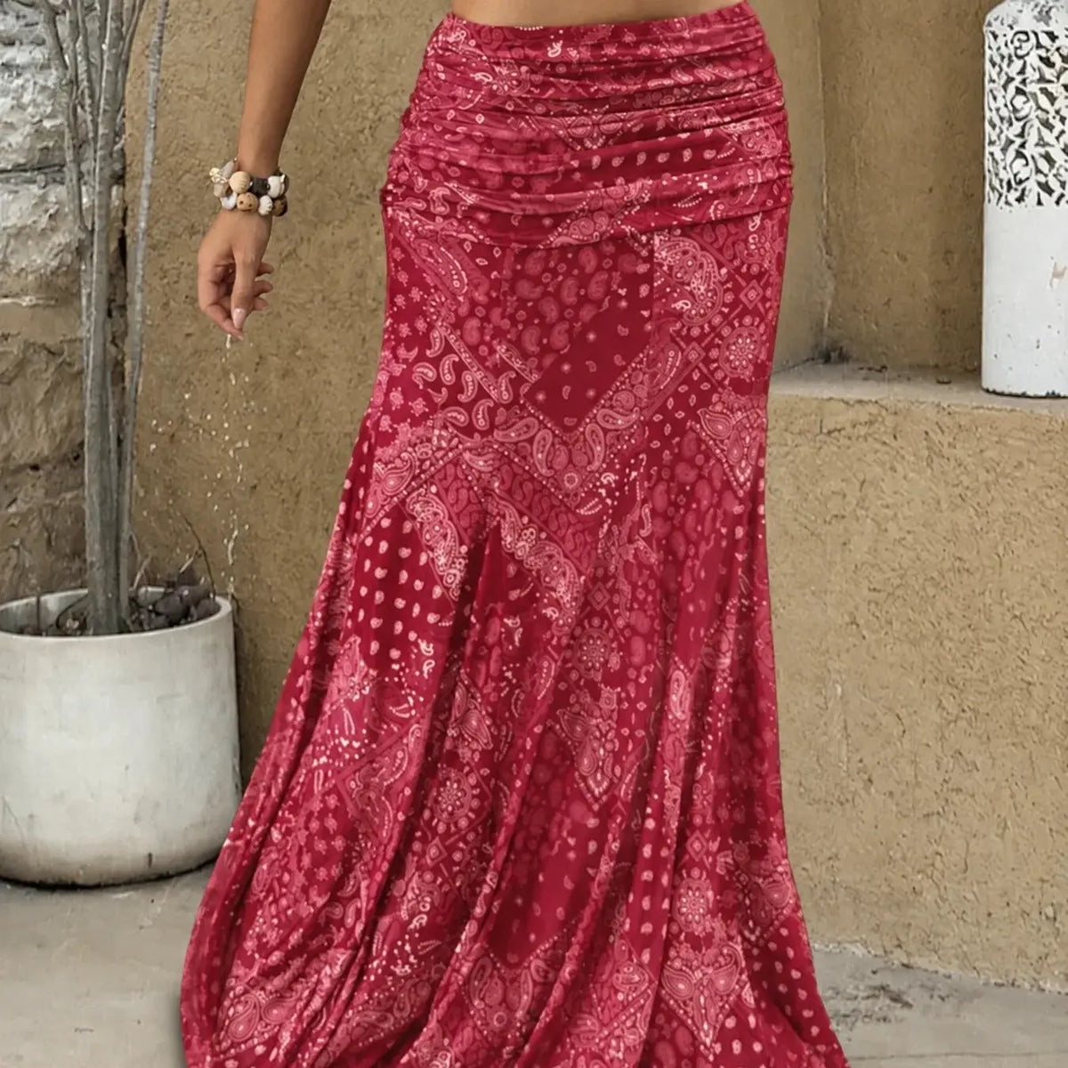 Red Paisley Print Ruched Maxi Skirt