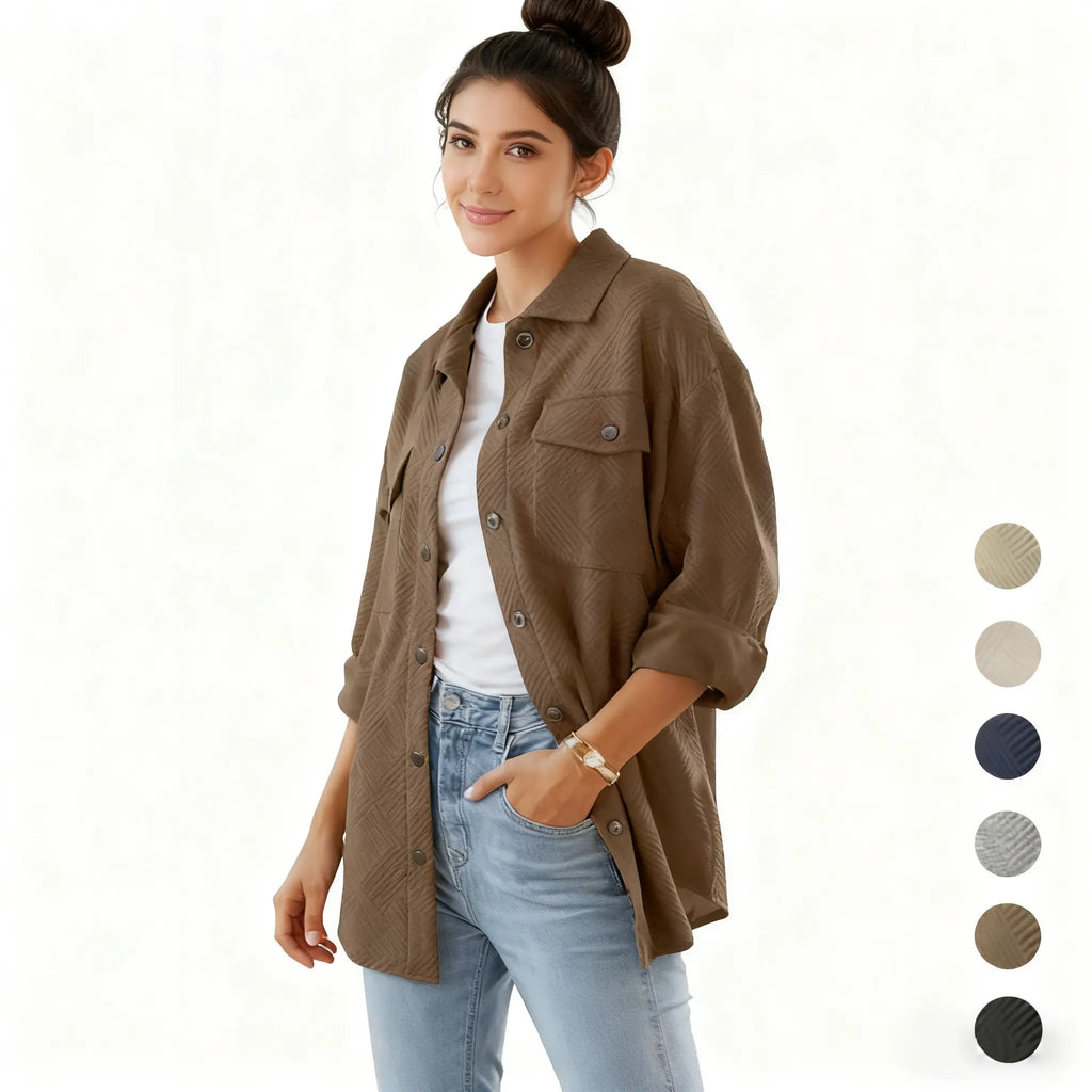 Brown Textured Button-Front Shirt Jacket with Chest Pockets
