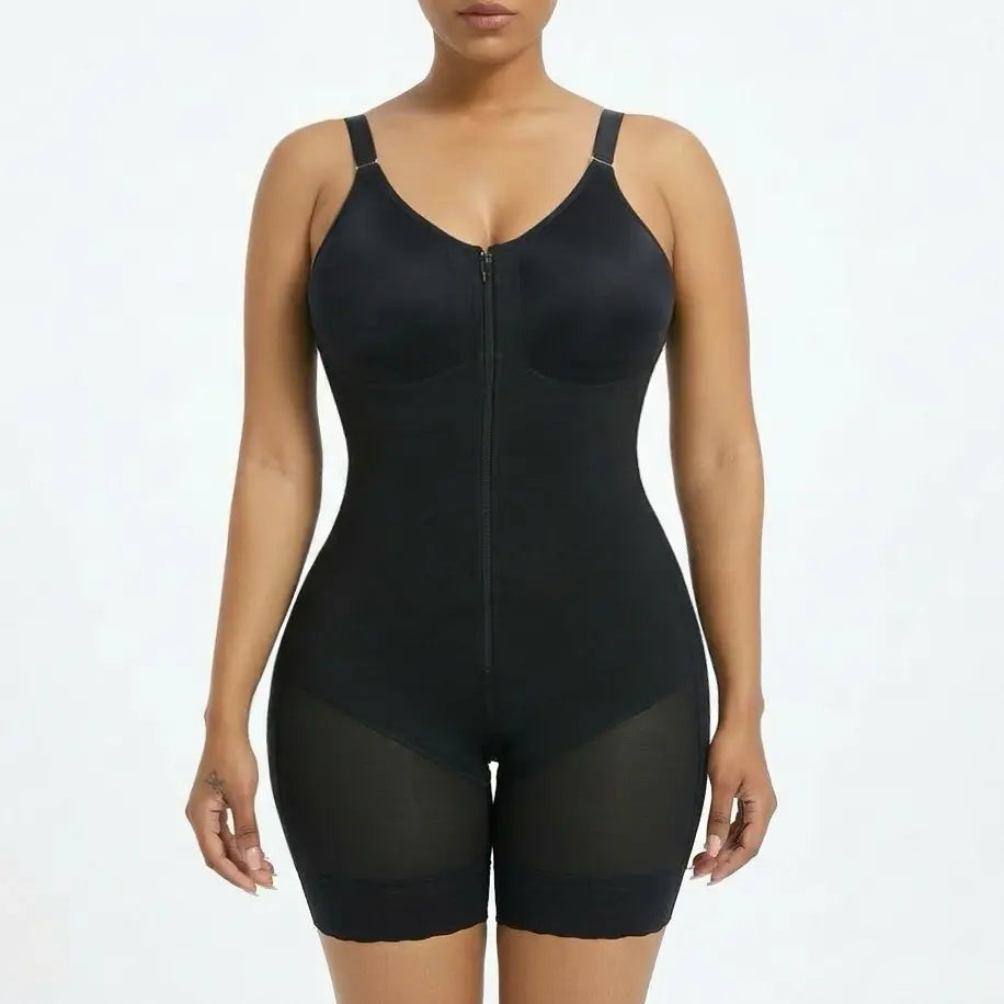 Black Zip-Front Bodysuit with Mesh Thigh Panels