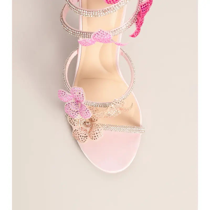 Pink Rhinestone Butterfly Wrap Stiletto Sandals