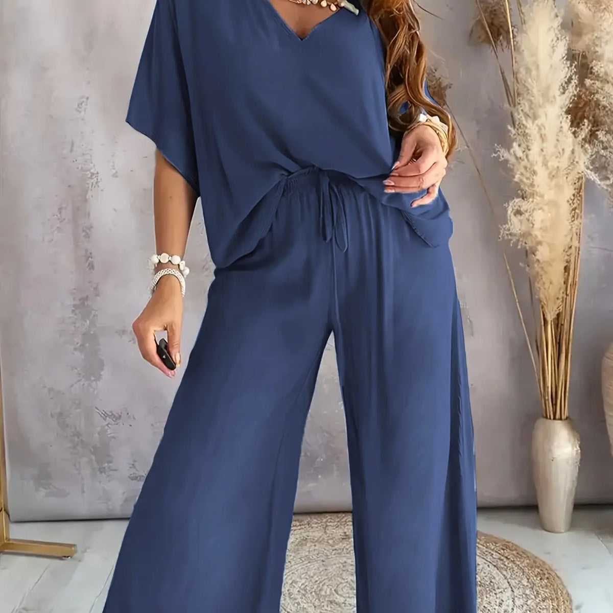 Black V-Neck Top and Wide Leg Pants Set